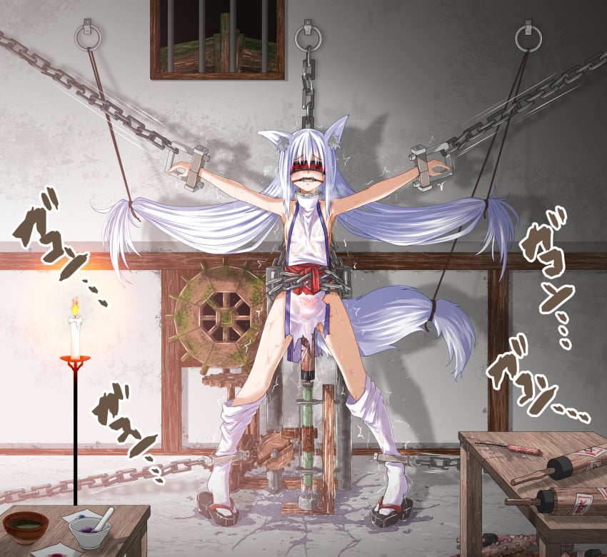 1girls ambiguous_penetration ancient_bdsm_gear animal_ears bangs bdsm bdsm_gear blindfold bondage bound bound_arms bound_legs breasts chained chains crying dress drooling eyebrows_visible_through_hair female female_only fox_ears fox_girl fox_tail full_body fumihiro gag gagged grey_hair highres indoors kitsune long_hair night okobo original penetration_under_clothes pussy_juice restrained see-through sex_machine sex_under_clothes sex_under_skirt short_hair sidelocks small_breasts solo solo_female stationary_restraints sweat tail torn_clothes very_long_hair wet wet_clothes white_legwear window