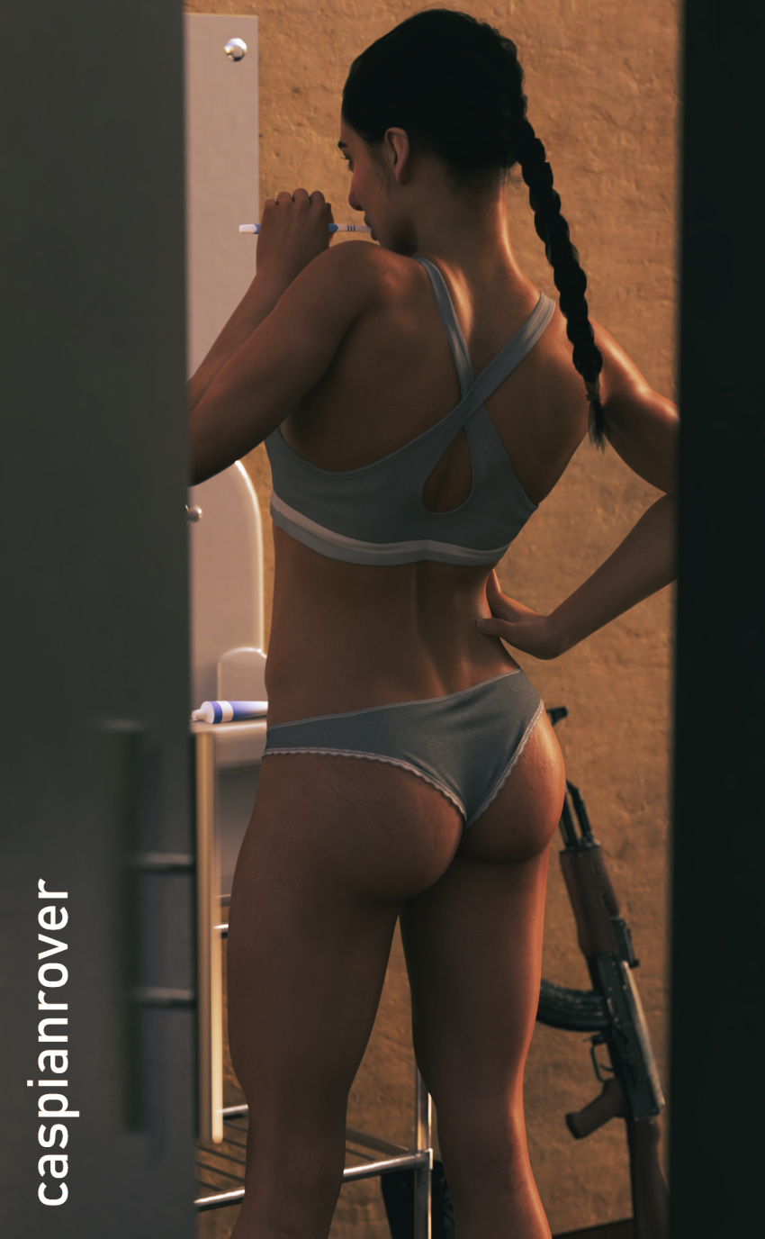 1girls 3d activision ak47 ass bathroom bathroom_sink black_hair bra brushing_teeth call_of_duty call_of_duty_modern_warfare call_of_duty_modern_warfare_2 caspianrover claudia_doumit dark-skinned_female dark_skin dat_ass farah_karim female female_only gun machine_gun middle_eastern middle_eastern_female modern_warfare modern_warfare_(2019) muslim muslim_female no_pussy panties persian_female ponytail solo sports_bra stretch_marks toilet toothbrush toothpaste unaware underwear viewed_from_behind voyeur weapon