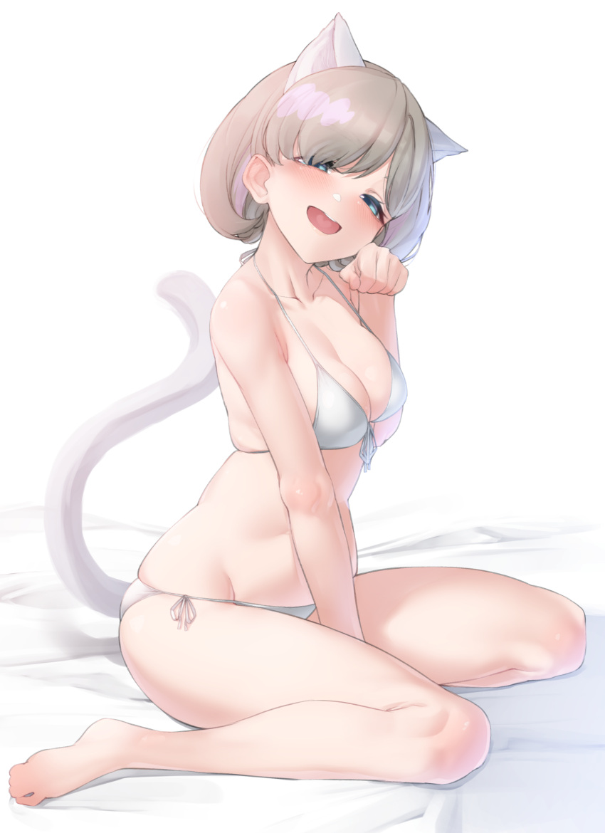 absurdres animal_ears bangs bare_legs bare_shoulders barefoot bed_sheet between_legs bikini blue_eyes blush breasts cat_ears cat_girl cat_tail cleavage collarbone eyebrows_visible_through_hair female female front-tie_bikini front-tie_top grey_hair hand_between_legs hand_up highres looking_at_viewer love_live! love_live!_superstar!! medium_breasts nasuno_(nasuno42) navel oerba_yun_fang open_mouth paw_pose short_hair side-tie_bikini sitting smile solo swimsuit tail tang_keke twintails wariza white_background white_bikini