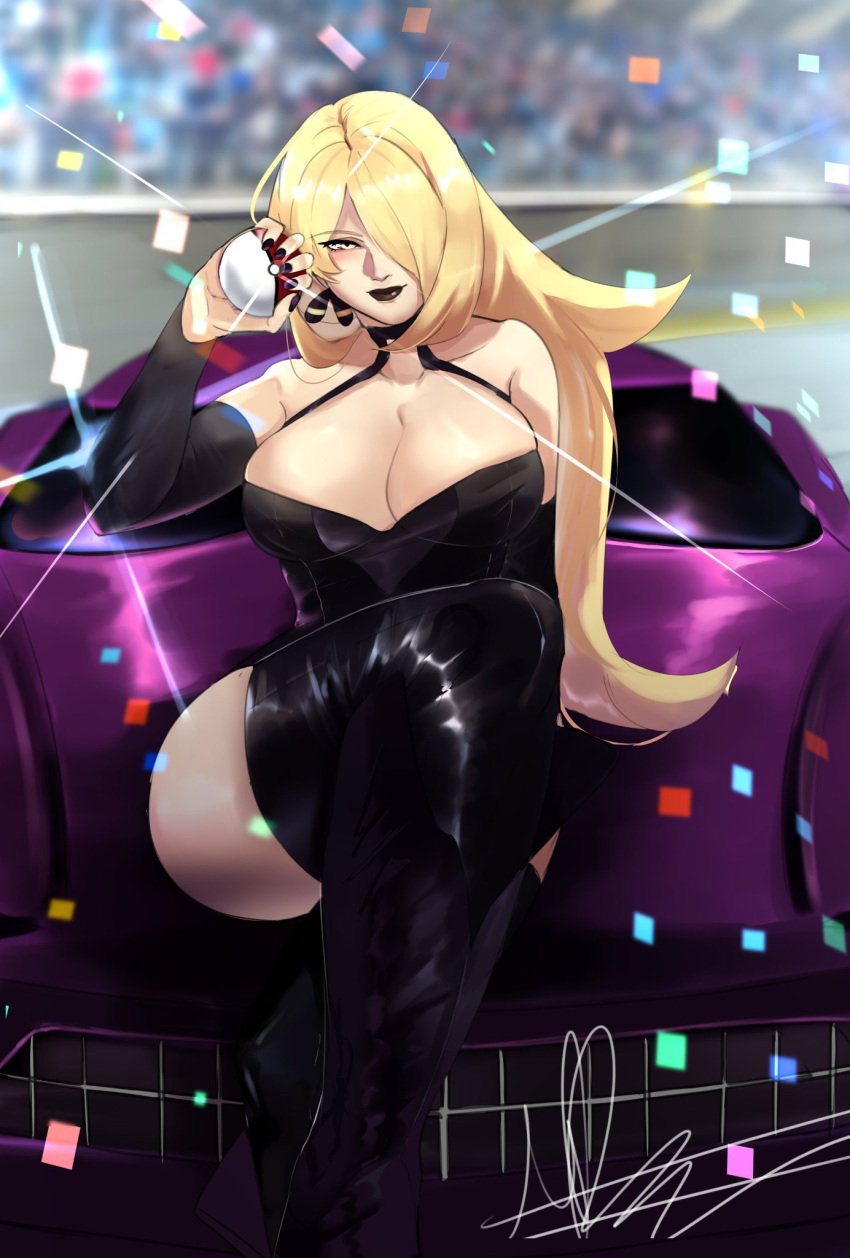 1girls 2022 big_breasts black_lipstick blonde_hair boots car cleavage confetti cynthia_(pokemon) digital_media_(artwork) female female_only fully_clothed game_freak holding_object human light-skinned_female light_skin long_hair looking_at_viewer michael_lavacca nintendo outdoors outside painted_nails pokeball pokemon puzzled_artist shaded sitting sitting_on_car skimpy smile solo solo_female thigh_boots yellow_eyes