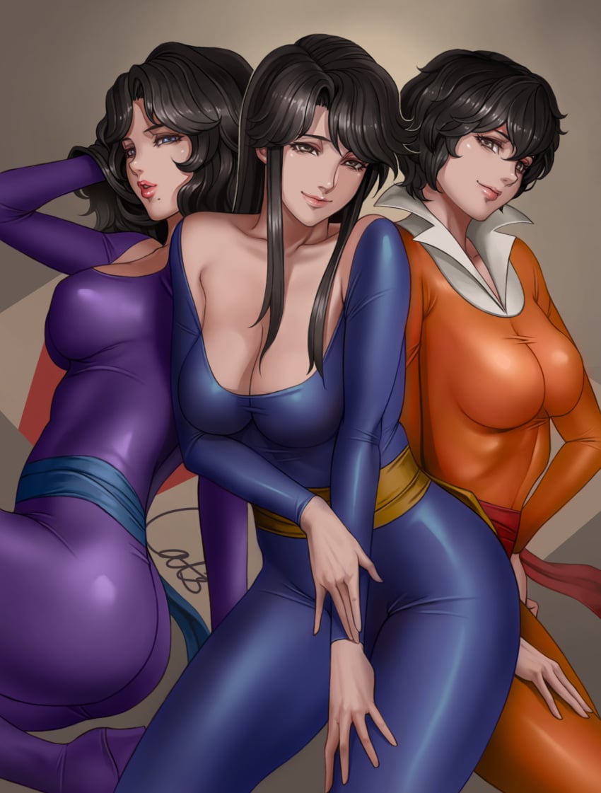 3girls ai_kisugi ass big_breasts black_hair bodysuit breasts brown_eyes brown_hair cat's_eye catsuit cleavage cowboy_shot dantewontdie family hitomi_kisugi latex light-skinned_female light_skin long_hair looking_at_viewer mole_under_mouth rui_kisugi sash short_hair shounen_jump sisters skin_tight spandex_suit tagme thick_thighs tight_clothing trio wide_hips