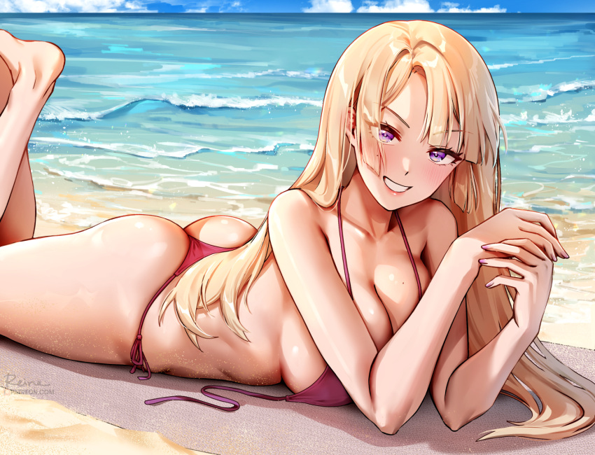 1girls 2022 alternate_version_available anime_style ass beach beauty_mark bikini blonde_hair breasts female female_only foxy_rain_(foxyreine) foxyrain_(foxyreine) foxyreine hi_res hips huge_breasts large_ass light_blush long_hair looking_at_viewer lying_on_stomach mole_under_eye original original_character outdoors purple_eyes slim_waist smile the_pose thick_thighs thighs wide_hips zoomed_view