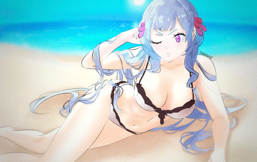 1girls artist_name artist_signature bare_arms bare_legs bare_shoulders barefoot beach beachside belly_button bikini black_clover blue_sky breasts cleavage closed_mouth closed_smile collarbone color colored day daytime fair-skinned_female fair_skin feet female female_focus female_only female_solo hair_ribbon laying laying_down laying_on_side light-skinned light-skinned_female light_purple_hair light_skin long_hair mouth_closed noelle_silva ocean on_sand one_eye_closed one_eye_open only_female outdoor outdoors outside pale pale-skinned_female pale_skin purple_eyes ribbon sand signature smile smiling solo solo_focus ssssugoi sun swimsuit swimwear thighs two_piece_swimsuit water wink