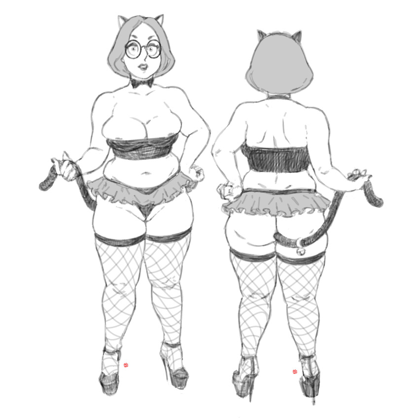 areola_slip ass big_ass bowtie breasts cameltoe cat_ears cat_tail cleavage family_guy female fingernails glasses high_heels meg_griffin midriff_baring_shirt monochrome nail_polish notsotv panties skirt thighhighs