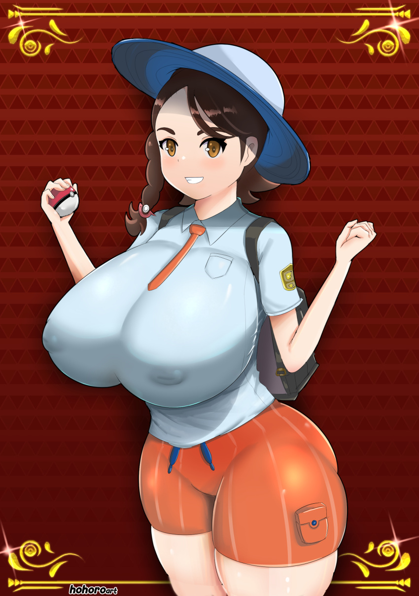 1girls alternate_breast_size belt big_breasts braided_hair breasts brown_hair creatures_(company) eye_contact female female_focus female_only game_freak hat headwear hohoro huge_breasts human juliana_(pokemon) long_hair looking_at_viewer neckwear nintendo pale_skin pokemon pokemon_sv shorts side_braid solo standing sunhat thick_thighs thighs tight_clothing wide_hips