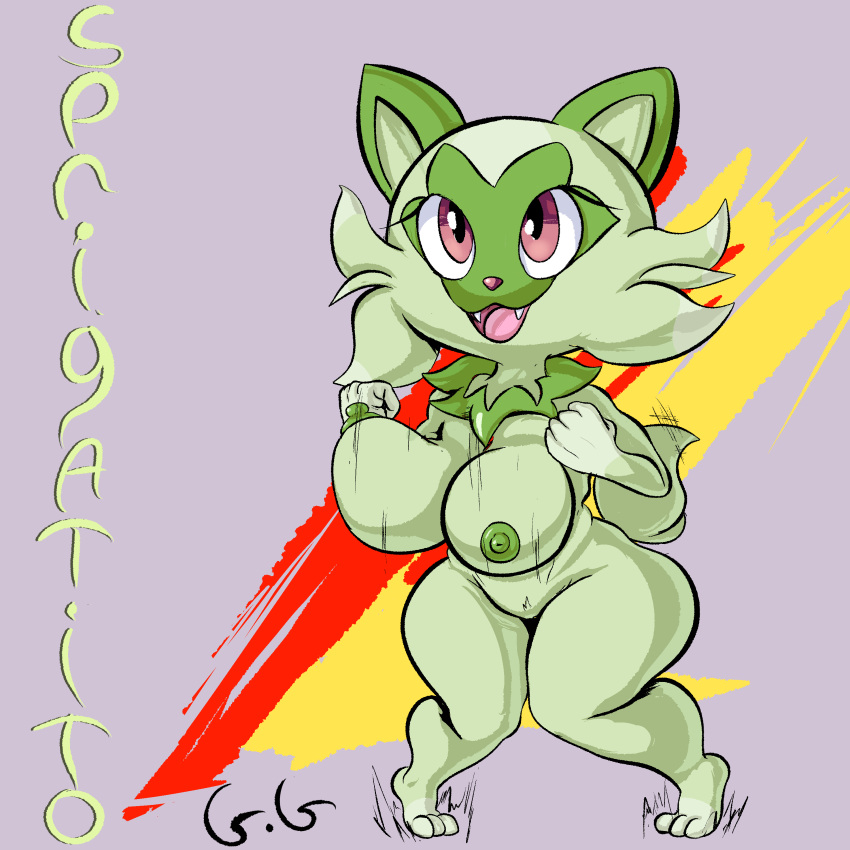 1:1 2022 absurd_res anthro anthrofied big_breasts breasts digital_media_(artwork) fangs felid feline female fur furry furry_only general_godzilla green_body green_fur hi_res mammal naked nintendo nude open_mouth open_smile pokémon_(species) pokemon pokemon_only pokemon_sv smile solo sprigatito tail thick_thighs video_games wide_hips