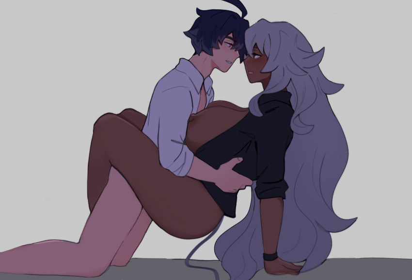 1boy 1girls bed blue_hair blush bottomless cygames dark-skinned_female dark_skin dragalia_lost faris_(dragalia_lost) happy happy_sex interracial large_breasts larger_female light_skin long_hair love male/female missionary_position nintendo nnw2se_(artist) nuxoce red_eyes ryszarda size_difference small_dom_big_sub smaller_male smile unbuttoned white_hair yellow_eyes