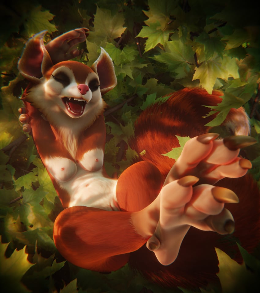 3d_(artwork) 4_fingers anthro belly big_ears breasts claws digital_media_(artwork) dota dota_2 eyelashes eyeshadow feet female fingers forest forest_background fur genitals hi_res hoodwink_(dota) leaf makeup mammal nature nature_background nipples nude open_mouth outside paws plant red_body red_fur rodent sciurid solo stretching tail_tuft toes tree tree_squirrel tuft video_games vlad-lox white_body yawn