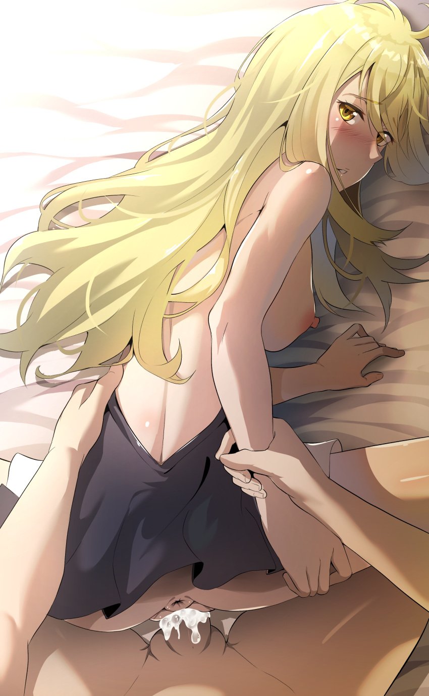 aiz_wallenstein blonde_hair blush breasts cum cum_in_pussy cum_inside dungeon_ni_deai_wo_motomeru_no_wa_machigatteiru_darou_ka golden_eyes pussy sex uncensored vaginal_penetration zuharu