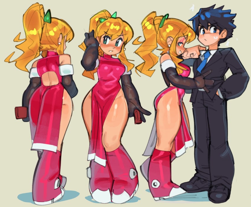 1boy 1girls back_view big_ass black_hair blonde_hair blue_eyes blush boots brother_and_sister capcom dress female formal_clothes green_eyes hair_accessory long_gloves long_hair male mega_man mega_man(classic) mega_man_(character) ponytail red_dress roll slit_dress suggestive thick_thighs wamudraws