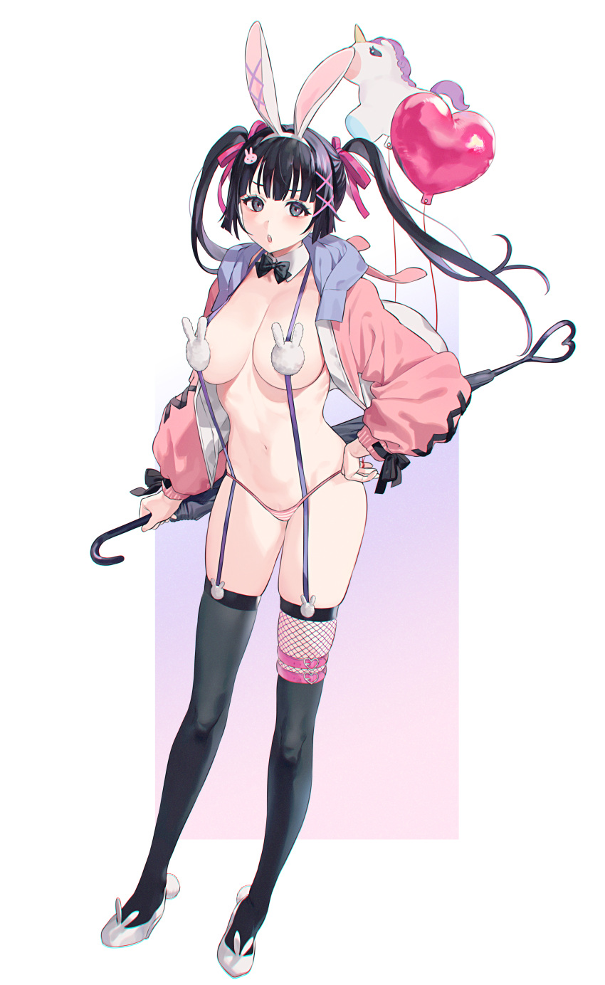 1girls :o absurdres amanekuu animal_ears balloon bangs black_eyes black_hair black_legwear black_ribbon blush bow bowtie breasts bunny_symbol caligula_(game) caligula_2 cross-laced_clothes detached_collar eyelashes fake_animal_ears female fishnet_legwear fishnets full_body garter_belt hair_ornament hair_ribbon hand_on_hip heart_balloon highres holding holding_balloon holding_umbrella hood hood_down hooded_jacket jacket large_breasts light-skinned_female light_skin long_hair looking_at_viewer micro_panties navel no_bra open_clothes open_jacket open_mouth panties pink_jacket pink_panties pink_ribbon qp_(caligula) rabbit_ears ribbon side-tie_panties skindentation solo string_around_finger string_panties striped striped_panties teeth thigh_strap thighhighs thighs twintails umbrella underwear unicorn upper_teeth vertical-striped_panties vertical_stripes white_footwear x_hair_ornament