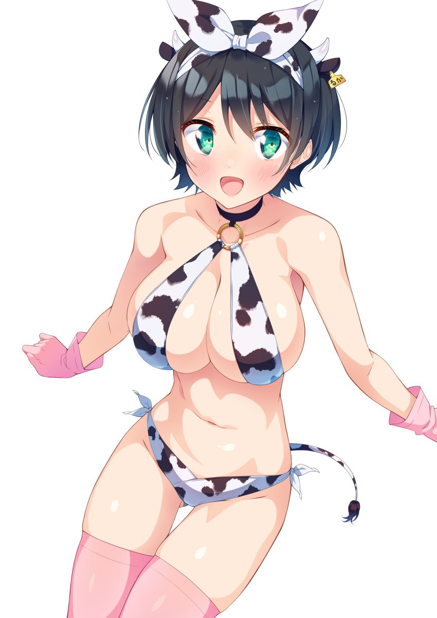 :d absurdres animal_ears animal_print bangs bare_shoulders bikini black_choker black_hair blush breasts choker collarbone commentary_request cow_ears cow_horns cow_print cow_tail ear_tag female gloves gluteal_fold green_eyes hairband halter_bikini halterneck highres horns ichi_makoto kanojo_okarishimasu kazuma_(kazumav) large_breasts navel o-ring o-ring_bikini o-ring_top open_mouth pink_gloves pink_legwear print_bikini sarashina_ruka short_hair side-tie_bikini simple_background smile solo stomach swimsuit tail thigh_gap thighhighs white_background