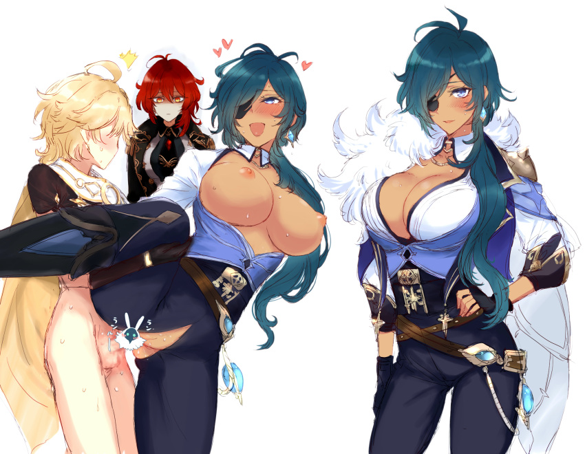 1boy 2girls aether_(genshin_impact) ahoge bangs black_gloves blonde_hair blue_eyes blue_hair blush braid breasts censored cleavage closed_mouth dark-skinned_female dark_skin diluc_(genshin_impact) earrings eyepatch fingerless_gloves genderswap_(mtf) genshin_impact gloves hair_between_eyes hand_on_hip heart highres jacket jealous jewelry kaeya_(genshin_impact) large_breasts long_hair multiple_girls multiple_views nipples open_clothes open_mouth pants parted_lips penis red_eyes red_hair rule_63 sbs sex shaded_face simple_background single_braid single_earring standing standing_sex straight sweat vaginal_penetration white_background