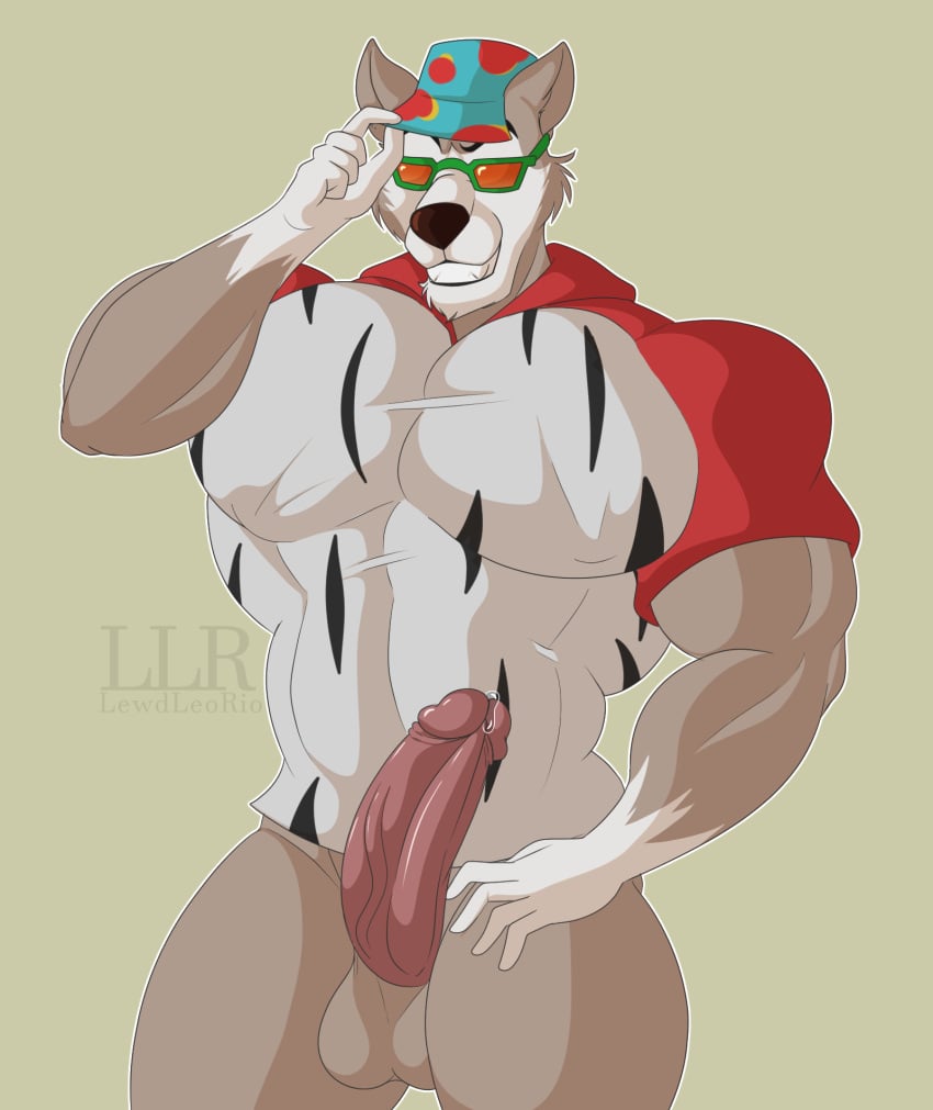 abs anthro balls barazoku bodily_fluids bottomless canid canine canis clothed clothing digital_media_(artwork) eyewear fur genital_fluids genitals hand_on_hat hat headgear headwear hi_res humanoid_genitalia humanoid_penis klr-rio male male_focus male_only mammal mascot muscular muscular_male old_spice penis precum simple_background smile solo sunglasses tight_clothing vein wolf wolfthorn_(old_spice)