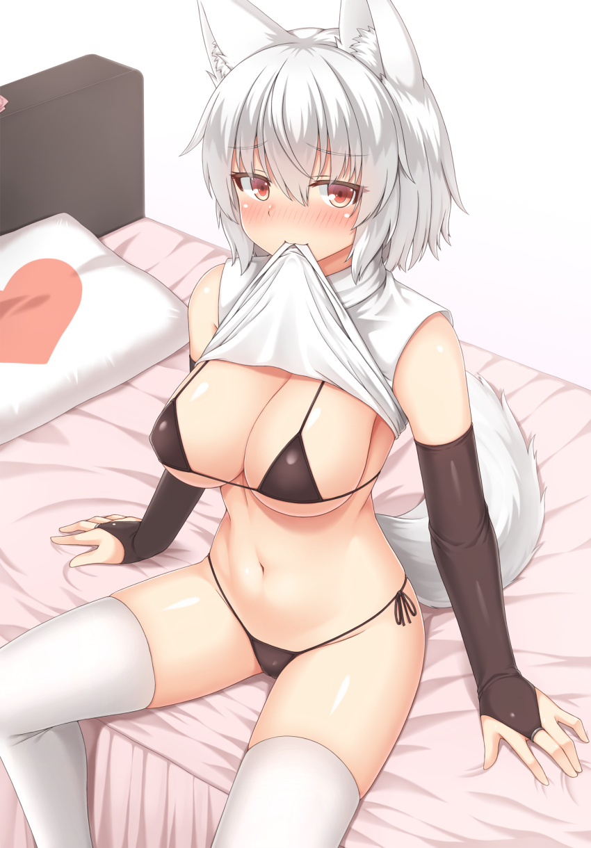 animal_ears bikini black_bikini black_gloves blush bridal_gauntlets clothes_lift elbow_gloves eyebrows_visible_through_hair female gloves hair_between_eyes heart highres lifted_by_self looking_at_viewer micro_bikini momiji_inubashiri mouth_hold navel on_bed pillow red_eyes shirt shirt_lift short_hair side-tie_bikini sitting solo swimsuit tail thighhighs touhou white_hair white_legwear white_shirt wolf_ears wolf_tail yuu_(yu0221f)