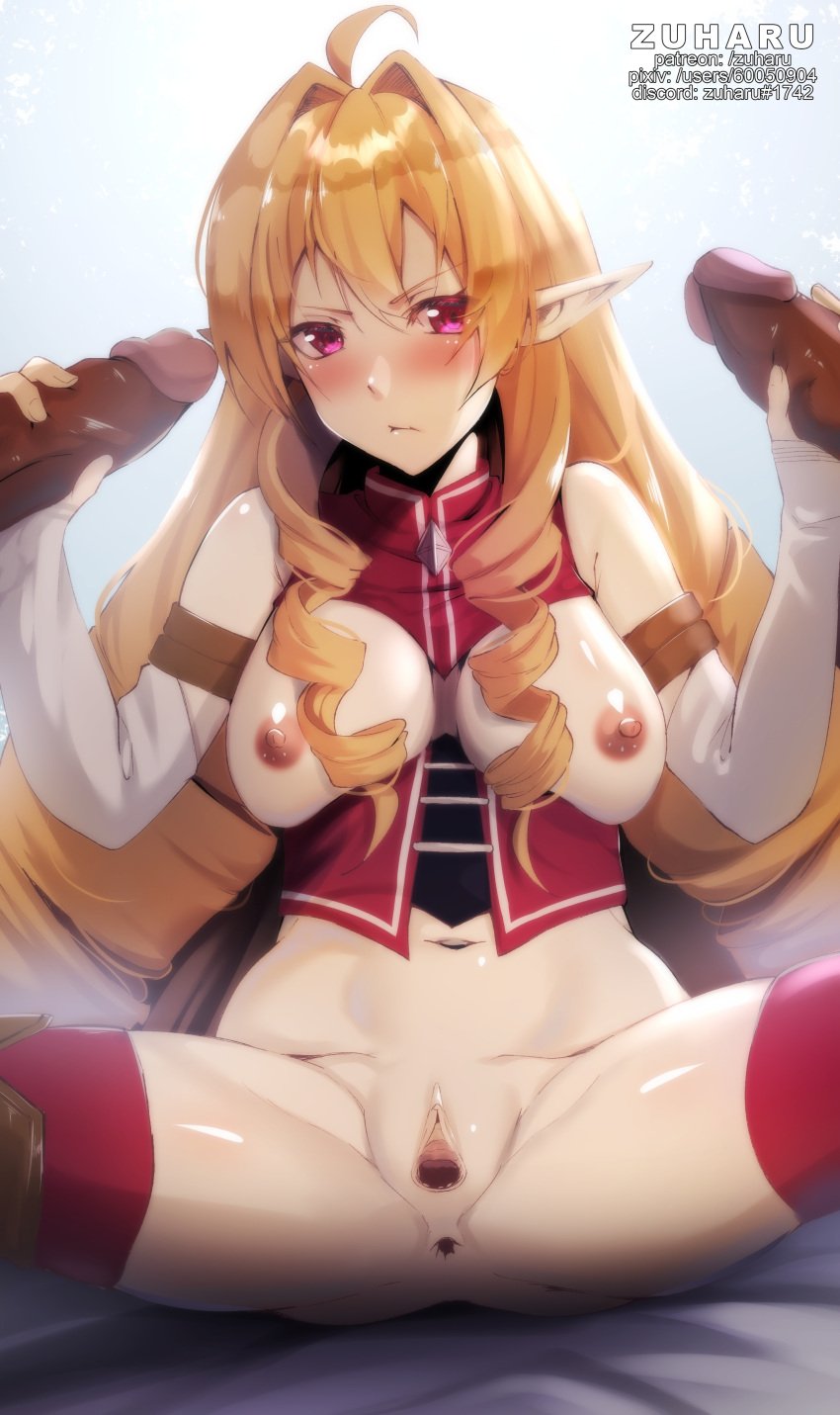 blonde_hair blush breasts dark-skinned_male dark_skin elf elinalise_dragonroad interracial mushoku_tensei penis pussy ringlets zuharu