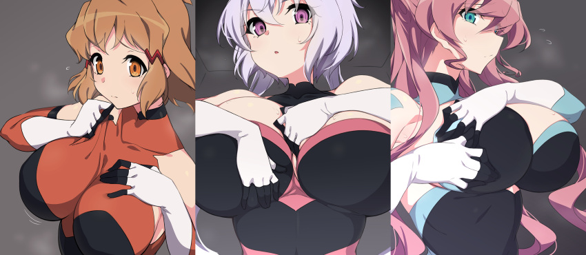 3girls absurdres blush breasts gloves green_eyes hair_ornament hairclip highres impossible_clothes kuro_mushi large_breasts looking_at_viewer maria_cadenzavna_eve multiple_girls open_mouth orange_eyes pink_hair purple_eyes senki_zesshou_symphogear short_hair silver_hair sweat tachibana_hibiki_(symphogear) yukine_chris