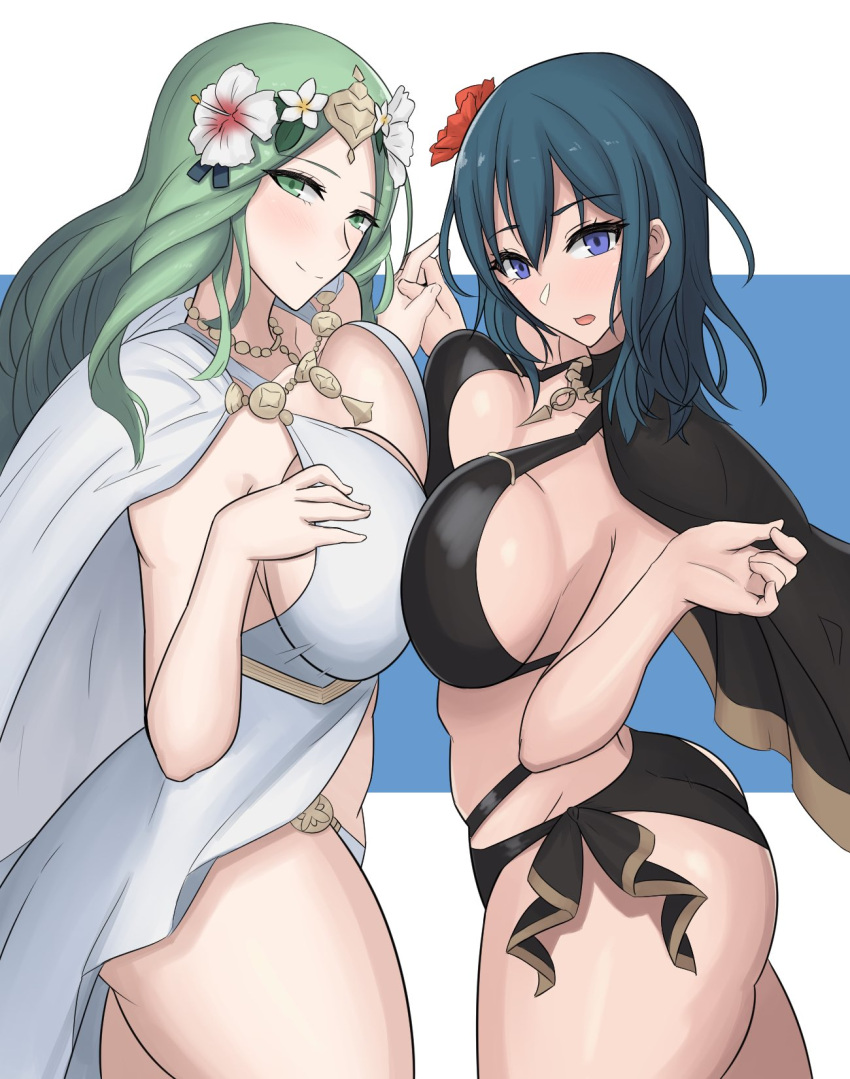 2girls alternate_costume ass bangs bare_shoulders bare_thighs big_ass bikini black_bikini black_cape blue_eyes blue_hair blush breast_press breasts byleth_(fire_emblem) byleth_(fire_emblem)_(female) byleth_(summer)_(fire_emblem)_(female) cape cleavage closed_mouth cloud collarbone female female_only fire_emblem fire_emblem:_three_houses fire_emblem_heroes flower green_eyes green_hair hair_between_eyes hair_flower hair_ornament hand_up highres holding_hands kneeling large_breasts long_hair looking_at_viewer midriff multiple_girls nintendo official_alternate_costume ogura_(take-monhan) rhea_(fire_emblem) rhea_(summer)_(fire_emblem) ribbon sidelocks sky smile standing swimsuit symmetrical_docking thick_thighs thighs tiara water white_bikini wrist_ribbon