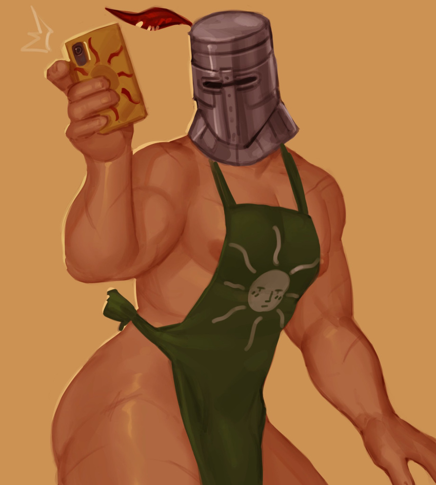 alternate_costume apron dark_souls fromsoftware helmet imlooking large_areolae male male_only male_pubic_hair masked masked_male muscular muscular_male naked_apron nude painting_(artwork) phone scars selfie solaire_of_astora solo