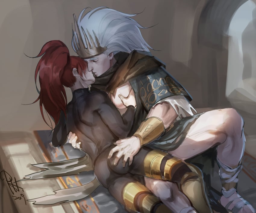 2boys archdragonleak armor bodysuit crown dark_souls dark_souls_3 deity dragon_slayer_ornstein fromsoftware gay gold_(metal) hand_on_ass kissing long_hair long_hair_male male male_only nameless_king on_side painting_(artwork) partially_undressed pec_grasp ponytail red_hair romantic skin_tight white_hair yaoi