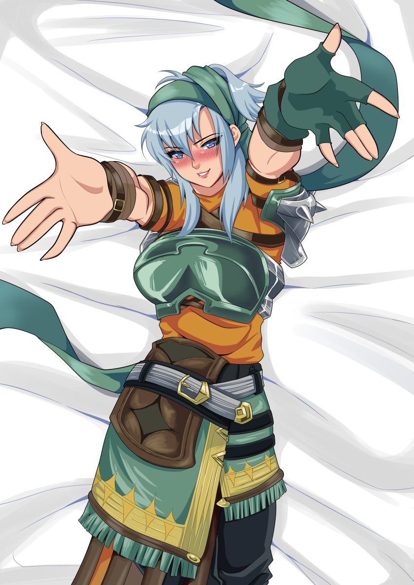 1girls blue_eyes blue_hair blush breasts dakimakura dakimakura_design echidna_(fire_emblem) fefex female female_only fingerless_gloves fire_emblem fire_emblem:_the_binding_blade gloves grin hug incoming_hug large_breasts looking_at_viewer medium_hair muscular muscular_female nintendo on_back on_bed reaching_out rs40uchiha single_glove smile solo