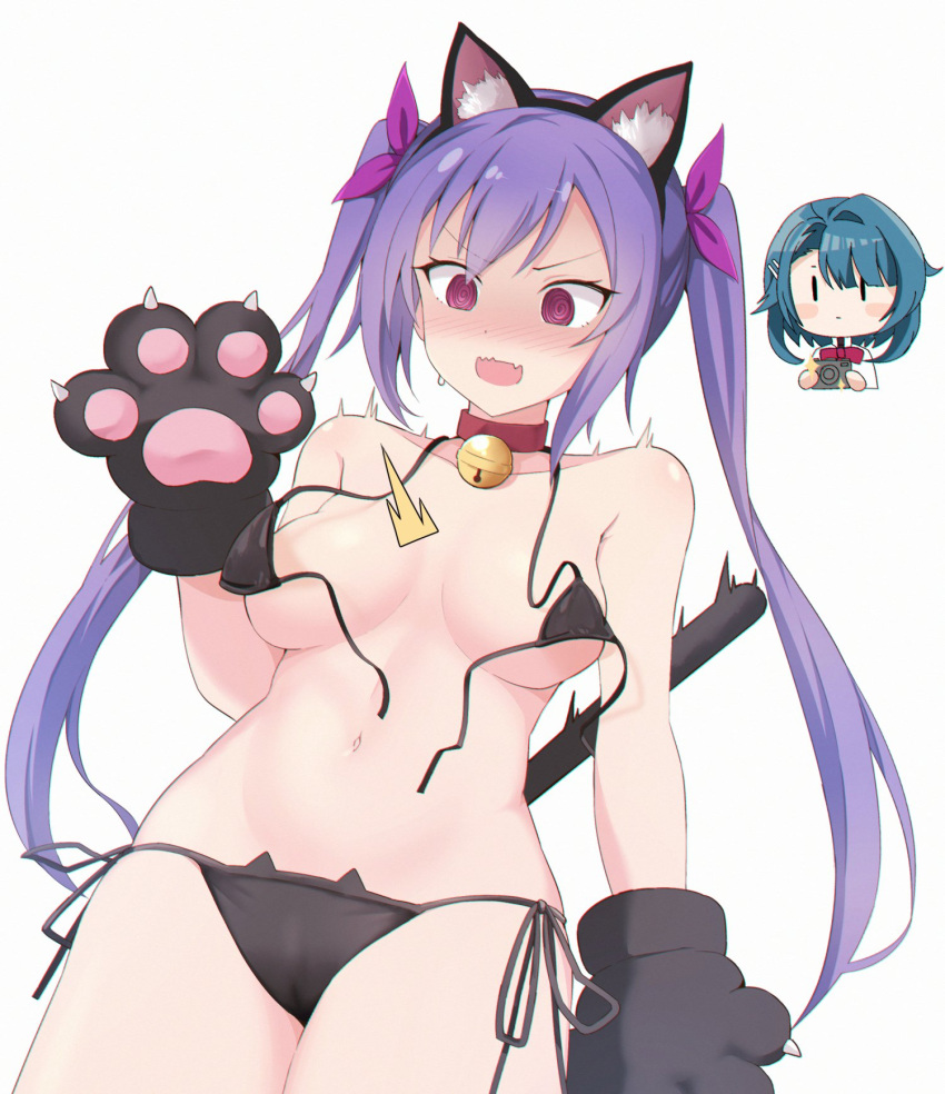 2girls @_@ ^^^ aizawa_kazuha animal_ear_fluff animal_ears animal_hands arm_at_side assault_lily ayumu_(ayumu3659) bare_shoulders bell bikini black_bikini black_hairband blue_hair blush breasts breasts_apart cameltoe camera cat_ear_bikini cat_ears cat_paws cat_tail chibi chibi_inset closed_mouth collar collarbone cowboy_shot dutch_angle eyebrows_visible_through_hair fake_animal_ears fake_tail female gloves hair_ornament hair_ribbon hairband hairclip halter_top halterneck hand_up highres holding holding_camera jingle_bell long_hair looking_away looking_down matsumura_fuuka medium_breasts micro_bikini multiple_girls navel neck_bell nose_blush open_mouth paw_gloves pink_eyes pink_ribbon purple_hair revealing_clothes ribbon side-tie_bikini simple_background skin_fang sparkle standing stomach string_bikini sweatdrop swimsuit tail tail_raised twintails untied untied_bikini v-shaped_eyebrows very_long_hair wardrobe_malfunction wavy_mouth white_background |_|