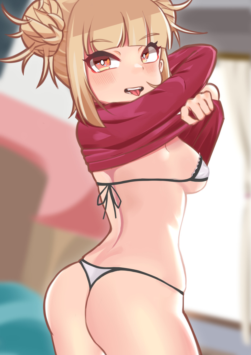 1girls ass blonde_hair breasts double_bun eye_contact female female_only himiko_toga looking_at_viewer looking_back medium_breasts micro_bikini my_hero_academia nmi solo thighs thong undressing