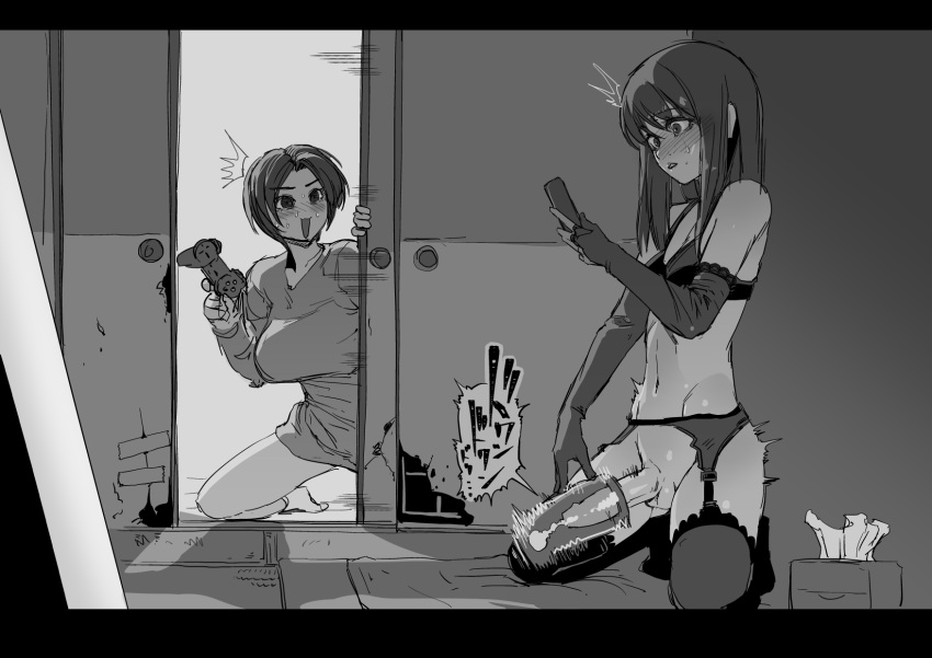 ... 1boy 1girls artificial_vagina bangs blush bra breasts commentary_request controller crossdressing cum cum_in_toy elbow_gloves eyebrows_visible_through_hair female femboy garter_belt garter_straps girly gloves greyscale highres holding holding_controller indoors kneeling lingerie long_hair looking_at_another male monochrome navel open_mouth original otoko_no_ko penis playstation_controller sashizume_soutarou sex_toy short_hair sliding_doors sweat testicles thighhighs tissue_box trap underwear walk-in