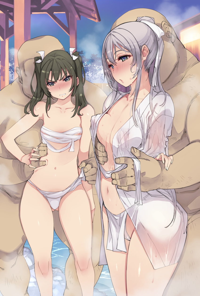 2boys 2girls absurdres ass_visible_through_thighs bald black_hair blue_eyes blush breasts clenched_teeth clothed_female_nude_male covered_nipples fat_man fundoshi glaring grey_eyes grey_hair hand_on_another's_hip hand_on_hip highres japanese_clothes kantai_collection mil_(xration) multiple_boys multiple_girls navel nude onsen sarashi shoukaku_(kantai_collection) small_breasts straight teeth ugly_man wet wet_clothes yamakasa zuikaku_(kantai_collection)