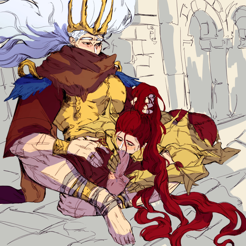 2boys armor badbaras blowjob blush crown dark_souls dark_souls_3 deity dragon_slayer_ornstein fellatio fromsoftware gay hair_grab knight long_hair long_hair_male male male_only nameless_king oral penis penis_out ponytail ponytail_hold red_hair uncensored very_long_hair yaoi