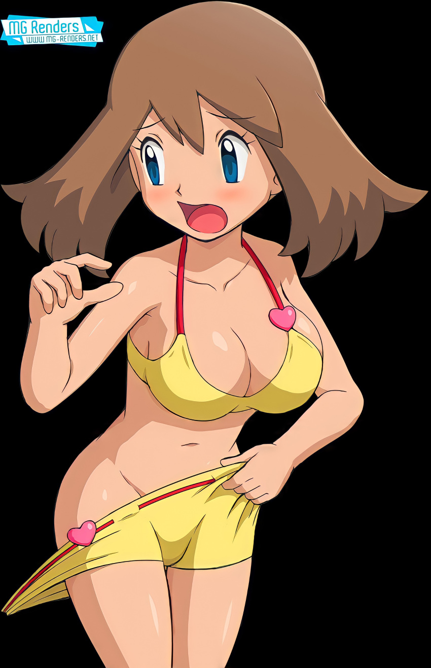 1girls bare_arms bare_legs bare_shoulders bare_thighs belly belly_button bikini bikini_top black_background blue_eyes blush blushing bra_strap brown_hair cel_shading clavicle cleavage eyelashes female female_focus female_only game_freak girl may_(pokemon) medium_breasts medium_hair mg_renders nintendo pokemon pokemon_rse pokemon_trainer pulled_pants shorts solo solo_female solo_focus thighs worried worried_expression yellow_bikini yellow_bikini_shorts yellow_bikini_top yellow_breasts yellow_shorts