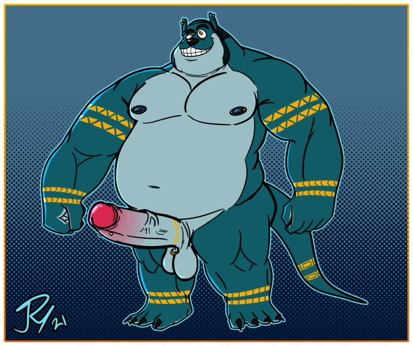 anonymous_artist anthro antonio blue_background blue_body blue_fur claws fur genitals heart humanoid_genitalia humanoid_hands humanoid_penis lutrine male mammal mustelid overweight overweight_anthro overweight_male penis plantigrade simple_background sneaky solo standing