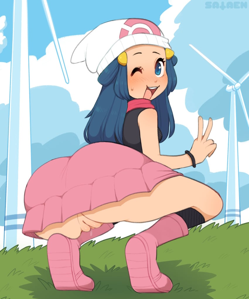 1girls ass big_ass big_butt blue_eyes blue_hair blush breasts dawn_(pokemon) eye_contact female genital_fluids hat human jpeg long_hair looking_at_viewer nintendo no_panties one_eye_closed peace_sign pokemon pokemon_dppt pussy pussy_juice sataenart sideboob sidelocks skirt solo upskirt windmill