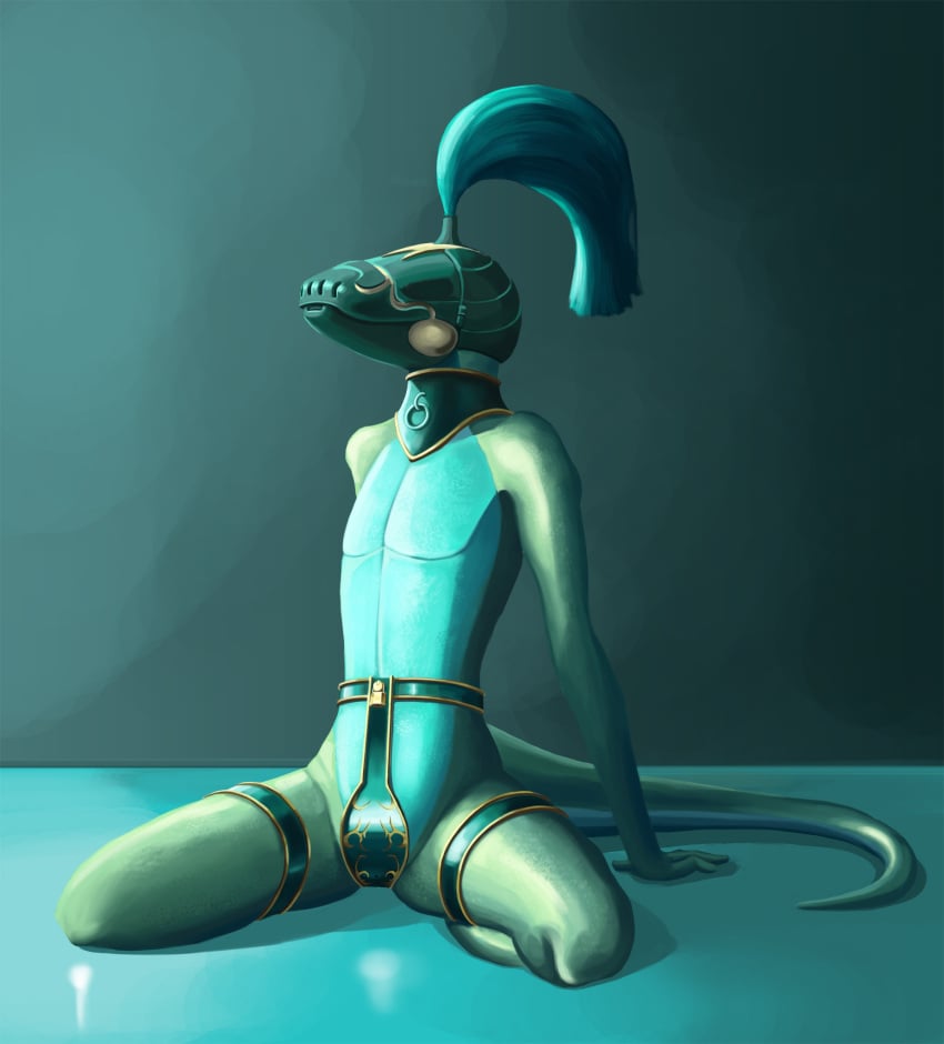 1girls 2018 anthro bondage bound chastity_belt chastity_device collar female female_chastity female_only frogtied green_body green_scales hands_on_floor hi_res hood kneeling legs_tied lizard lock looking_aside mask metal_mask mitokep posture_collar reptile scales scalie slave solo submissive submissive_female tassels