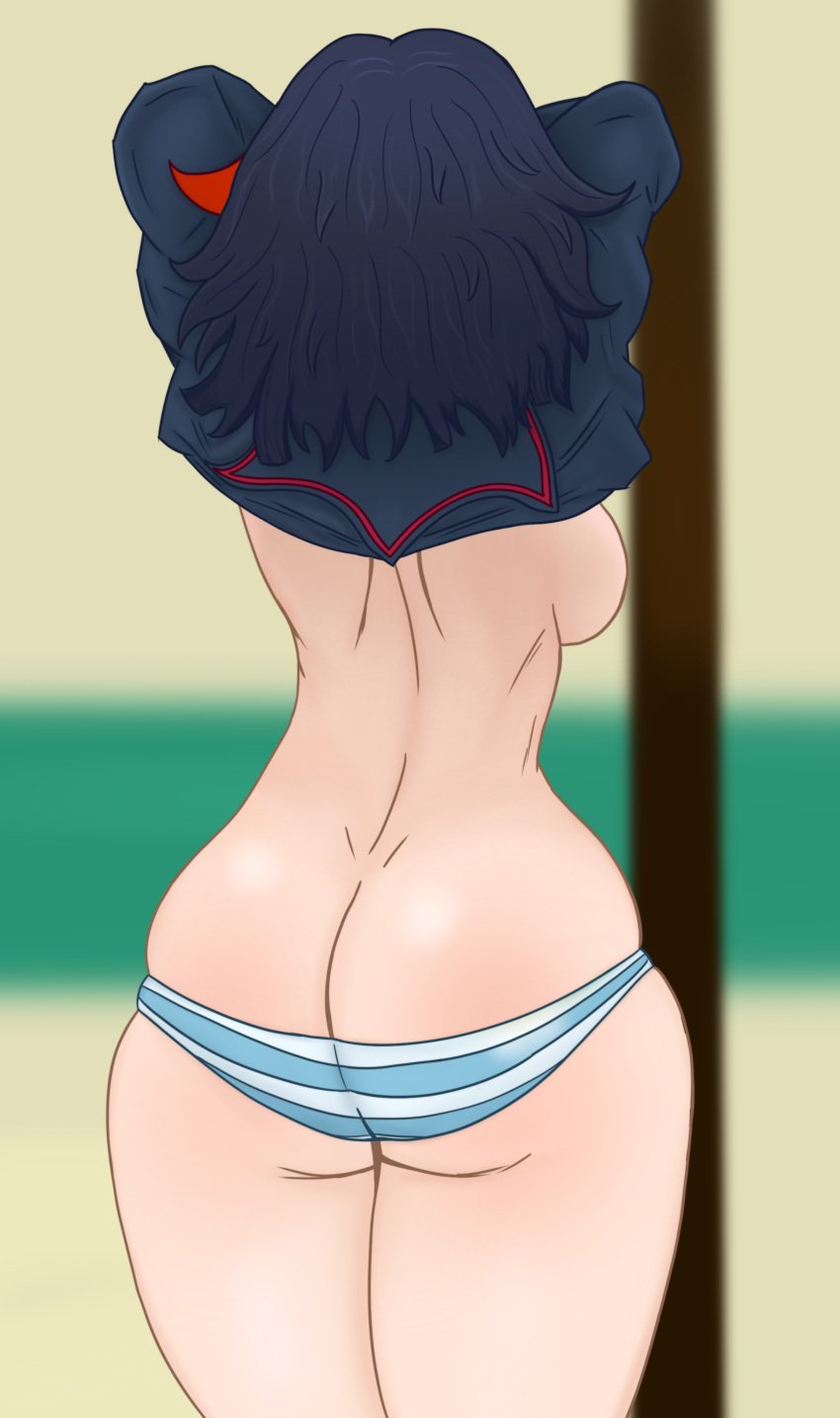 ass ass_cleavage big_ass big_butt black_hair blue_striped_panties butt_crack jfode kill_la_kill large_breasts matoi_ryuuko meme ryukoredraw shimapan sideboob striped_panties underwear undressing