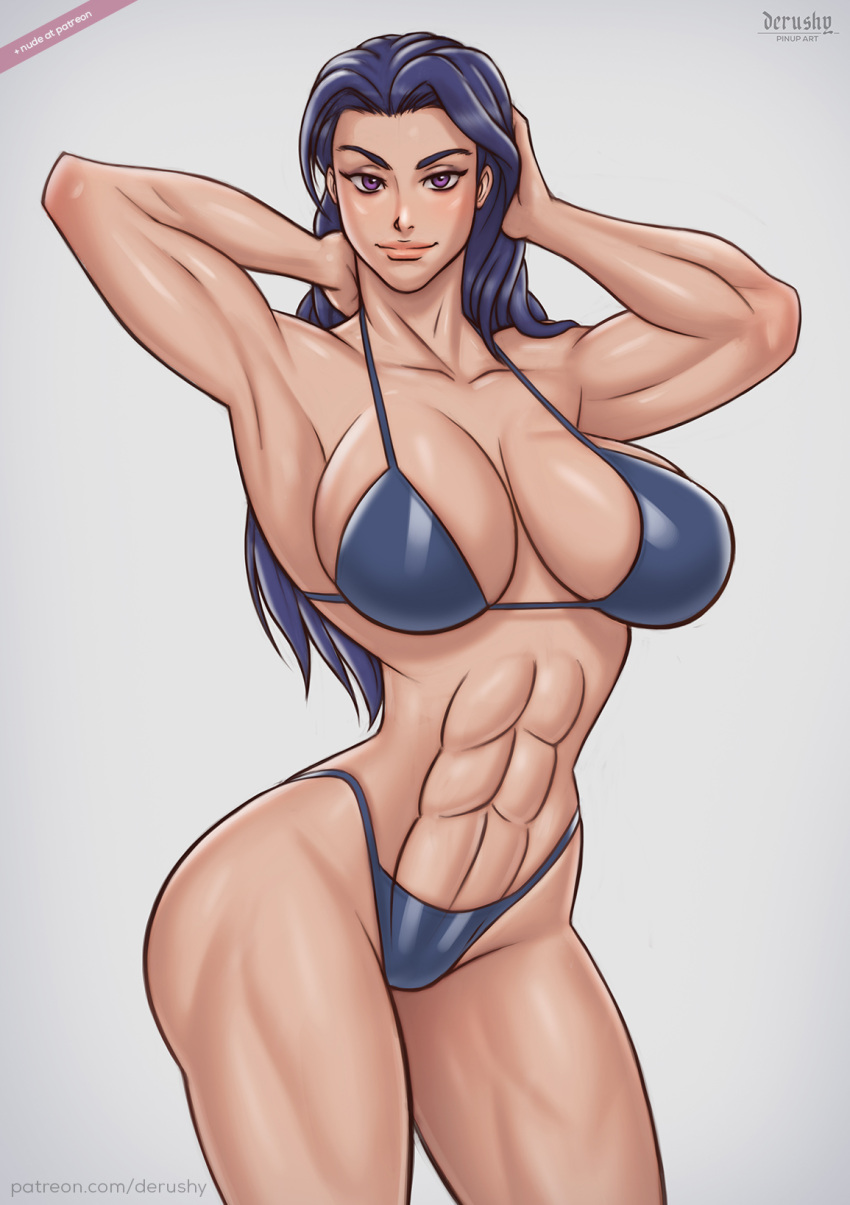 1girls abs bikini black_hair cleavage derushy fit_female large_breasts muscular_female original original_character purple_eyes thick_thighs voluptuous