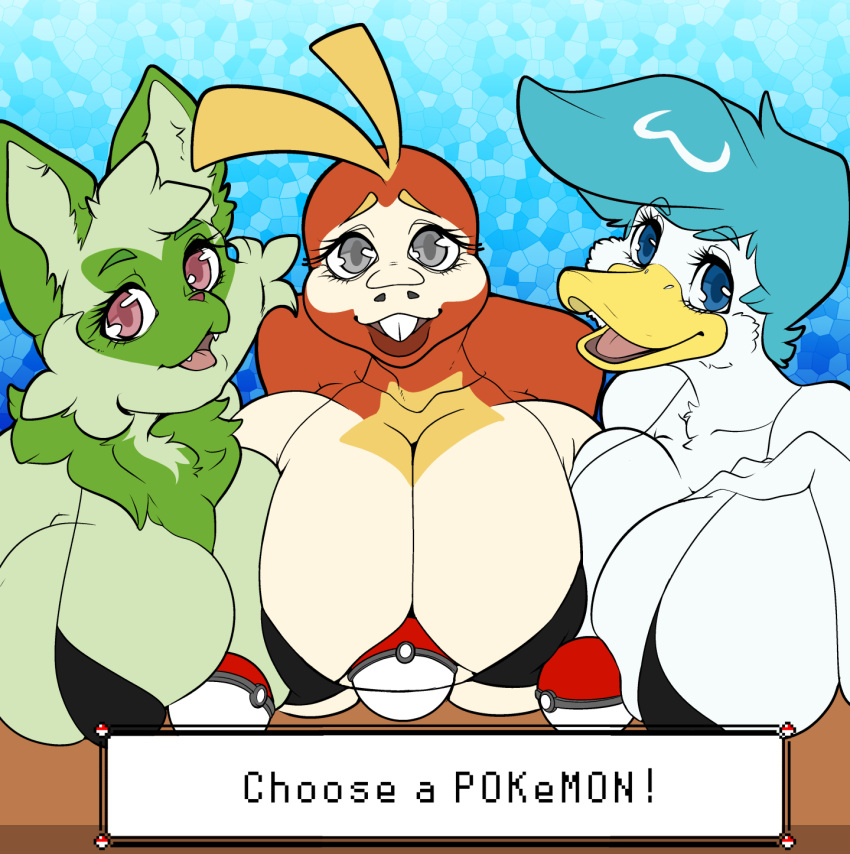 2022 3girls anthro avian big_breasts bikini bird breast_squish breasts clothing digital_media_(artwork) dinosaur duck english_text felid feline felis female female_only front_view fuecoco fur furry group hi_res huge_breasts looking_at_viewer mammal nintendo pokémon_(species) pokeball pokemon pokemon_sv quaxly reddandwhyte reptile scalie smile sprigatito text thick_thighs video_games