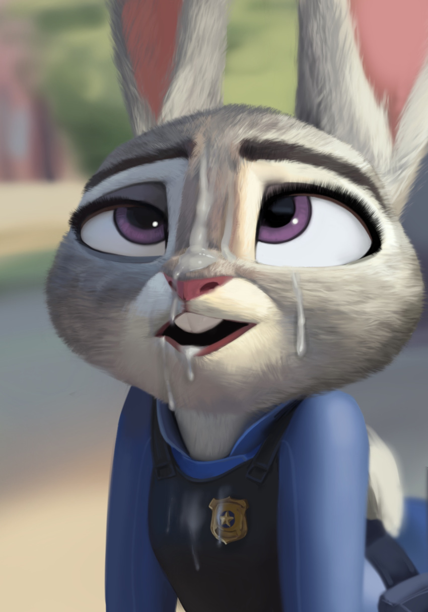 2022 anthro bodily_fluids clothed clothing cum cum_on_face disney eye_roll female fur genital_fluids grey_body grey_fur hi_res judy_hopps lagomorph leporid mammal police_uniform purple_eyes qupostuv35 rabbit solo uniform zootopia zootropolis