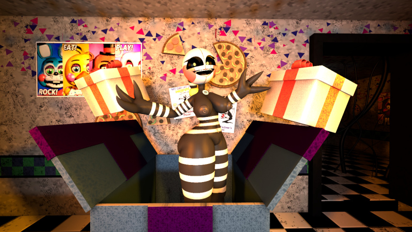 1girls 3d ass breasts female five_nights_at_freddy's five_nights_at_freddy's_2 gift gift_box happy humanoid looking_at_viewer marionette_(fnaf) puppet_(fnaf) security_puppet_(fnaf) sfm smile solo source_filmmaker thick_thighs wholesome