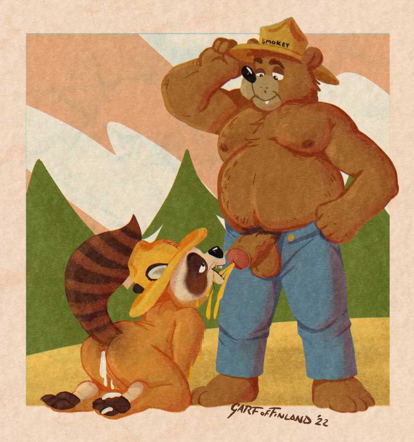 absurd_res anthro bodily_fluids bottomwear bottomwear_down brown_body brown_fur clothed clothing cum cum_in_ass cum_inside cum_on_feet denim denim_clothing dominant dominant_male duo erection forest forest_background fur garf_of_finland genital_fluids genitals hat headgear headwear hi_res huge_filesize jeans male male/male mammal nature nature_background nude open_bottomwear open_clothing open_mouth open_pants outdoor_pee outside pants pants_down partially_clothed peeing peeing_in_mouth penis plant procyonid raccoon ranger_rick_(character) shirtless_male simple_background size_difference smile smokey_bear standing submissive submissive_male text text_on_clothing text_on_hat text_on_headwear tree urinating urinating_male urination urine ursid watersports