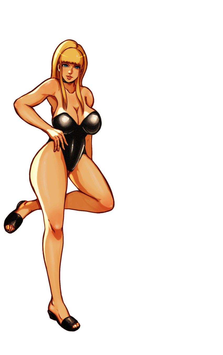 1girls asymmetrical_hair bangs bare_legs bare_shoulders black_choker black_footwear black_leotard blonde_hair blue_eyes blunt_bangs breasts choker cleavage collarbone darji eyebrows eyelashes hand_on_hip kolin_(street_fighter) large_breasts leotard lips parted_lips side_ponytail simple_background solo standing street_fighter street_fighter_v thick_thighs thighs white_background