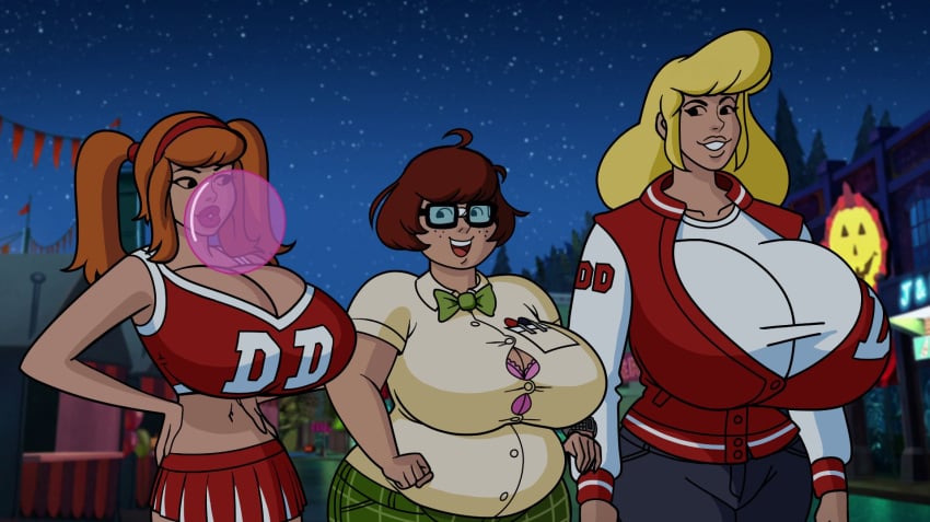 belly blowing_bubblegum bra bubble_gum cheerleader_uniform chubby cleavage daphne_blake fat fred_jones gigantic_breasts hanna-barbera huge_breasts obese ponytails pregnant rule_63 scooby-doo screenshot_edit thin_waist tight_clothing top_heavy velma_dinkley woot