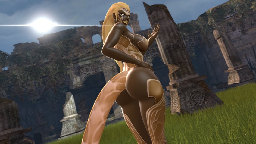 1girls 3d anthro armor athletic_female big_breasts big_butt blonde_hair canastus dark_skin female goddess golden_eyes lens_flare lipstick nipples pandora's_tower pinup ruins source_filmmaker standing tagme tail zeron