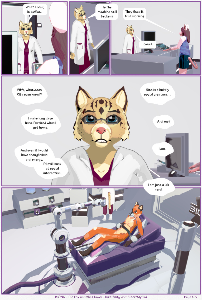 3d_(artwork) anthro bed bondage bondage_bed bondage_chair bondage_furniture bound canid canine close-up clothed clothing coat computer cuff_(restraint) dialogue digital_media_(artwork) domestic_cat duo english_text eyewear felid feline felis female fox furaffinity_username furniture glasses hair hi_res inside lab_coat laboratory laboratory_equipment laboratory_glassware lying machine male mammal milking_machine mouse murid murine mynka on_back page_3 penis_milking_machine restraints robot_arm rodent science scientific_instrument scientist text thought_bubble topwear