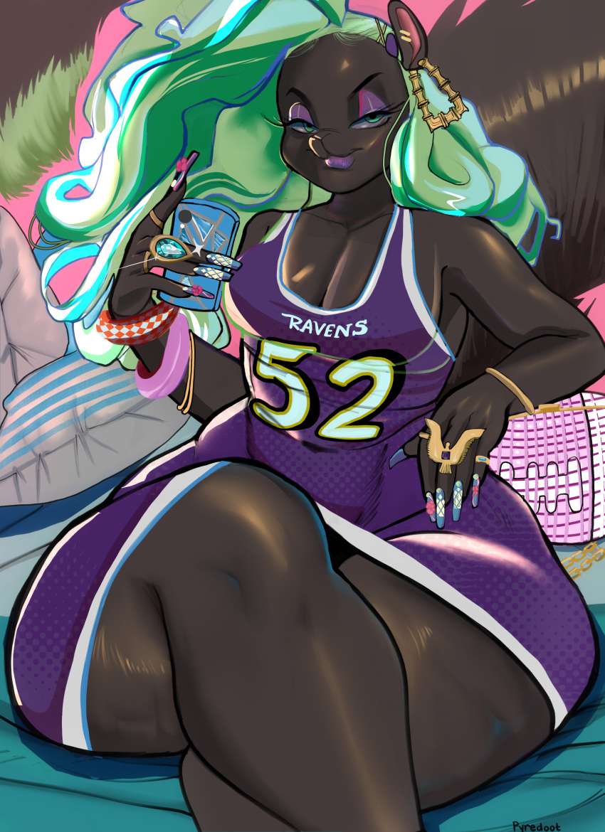 1girls anthro anthro_only ass_focus ass_on_face banjee big_ass black_fur bottom_heavy bubble_ass bubble_butt butt_focus butt_from_the_front crossed_legs curvaceous curvy curvy_figure dark-skinned_female dark_skin facesitting furry ghetto green_hair hi_res huge_ass jeans jersey massive_ass massive_butt melanin pyredaemos seductive seductive_look small_breasts solo squigga squirrel squirrel_girl taking_picture taking_selfie voluptuous wide_hips