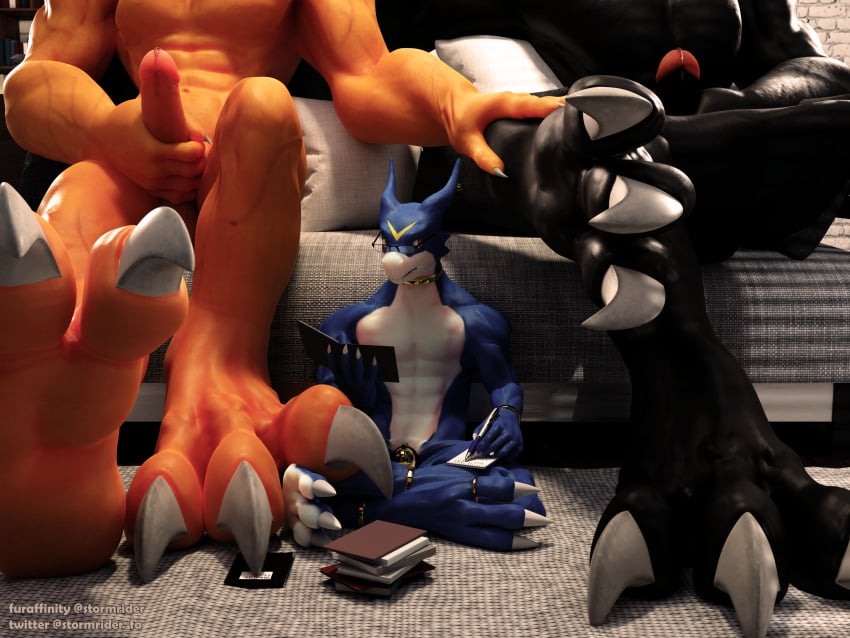 3d_(artwork) absurd_res ankle_cuffs bandai_namco blackwargreymon blender_(software) chastity_cage chastity_device claws cuff_(restraint) digimon digimon_(species) digit_ring digital_media_(artwork) distracted feet flamedramon foot_fetish foot_focus furry gay group hi_res hindpaw humanoid hyper_feet jewelry large_feet male male/male paws restraints ring stormrider studying toe_ring wargreymon wrist_cuffs