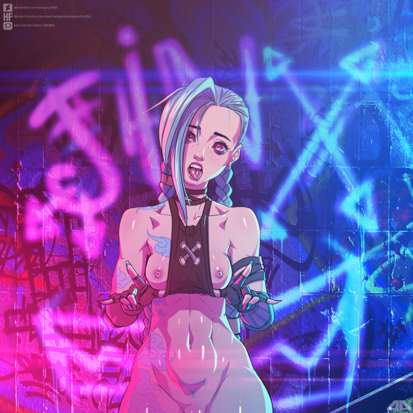 amaurymangaka arcane arcane_jinx arm_tattoo blue_hair bottomless braided_hair braided_twintails breasts chest_tattoo female jinx_(league_of_legends) league_of_legends nails_painted nipples pink_eyes pubic_tattoo riot_games showing_breasts skinny_girl small_breasts tagme tattoos teenage tongue_out twintails very_long_hair