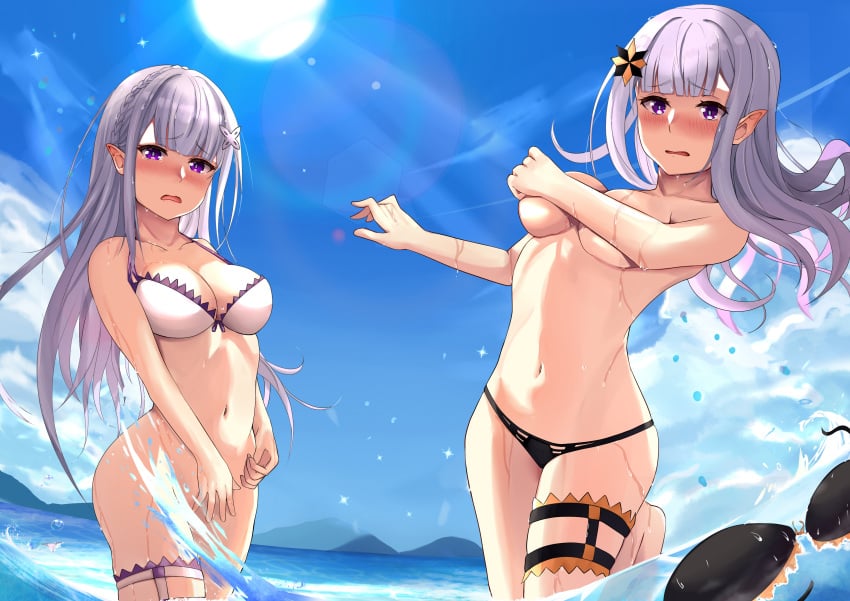 2girls absurd_res age_difference bangs bikini bikini_bottom_only bikini_top_only black_bikini blush braid compass_rose covering covering_breasts covering_crotch elf elf_ears elf_female emilia_(re:zero) hair_ornament long_hair mountain multiple_girls ocean older_female older_woman_and_teenage_girl pointy_ears purple_eyes re:zero_kara_hajimeru_isekai_seikatsu relpama satella_(re:zero) silver_hair sky sun swimsuit tearing_up teenage_girl teenager very_long_hair wardrobe_malfunction waves white_bikini witch younger_female