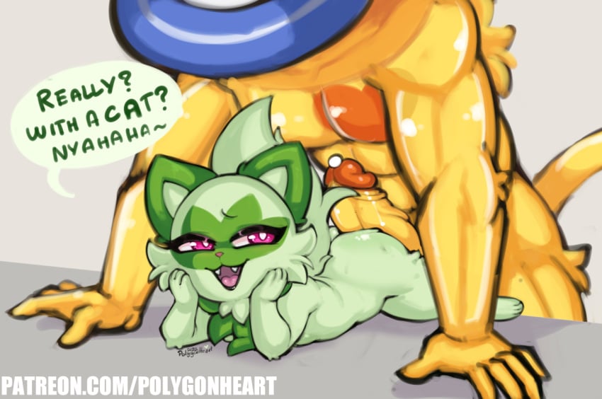 abs ambiguous_gender anthro artist_signature ass big_ass big_butt big_penis cat_ears furry green_fur grey_fur larger_male nintendo penis pokemon pokemon_sv poly_(polygonheart) polygonheart smaller_anthro speech_bubble sprigatito tail text thepolygonheart thick_thighs thighs