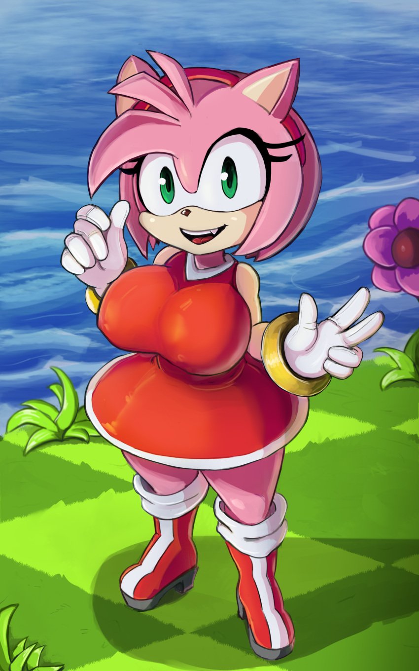 alternate_breast_size amy_rose big_breasts boots cranihum dress female gloves green_eyes hedgehog looking_at_viewer nipple_bulge pinup sega shortstack smiling sonic_(series) thick_thighs thighhighs thighs